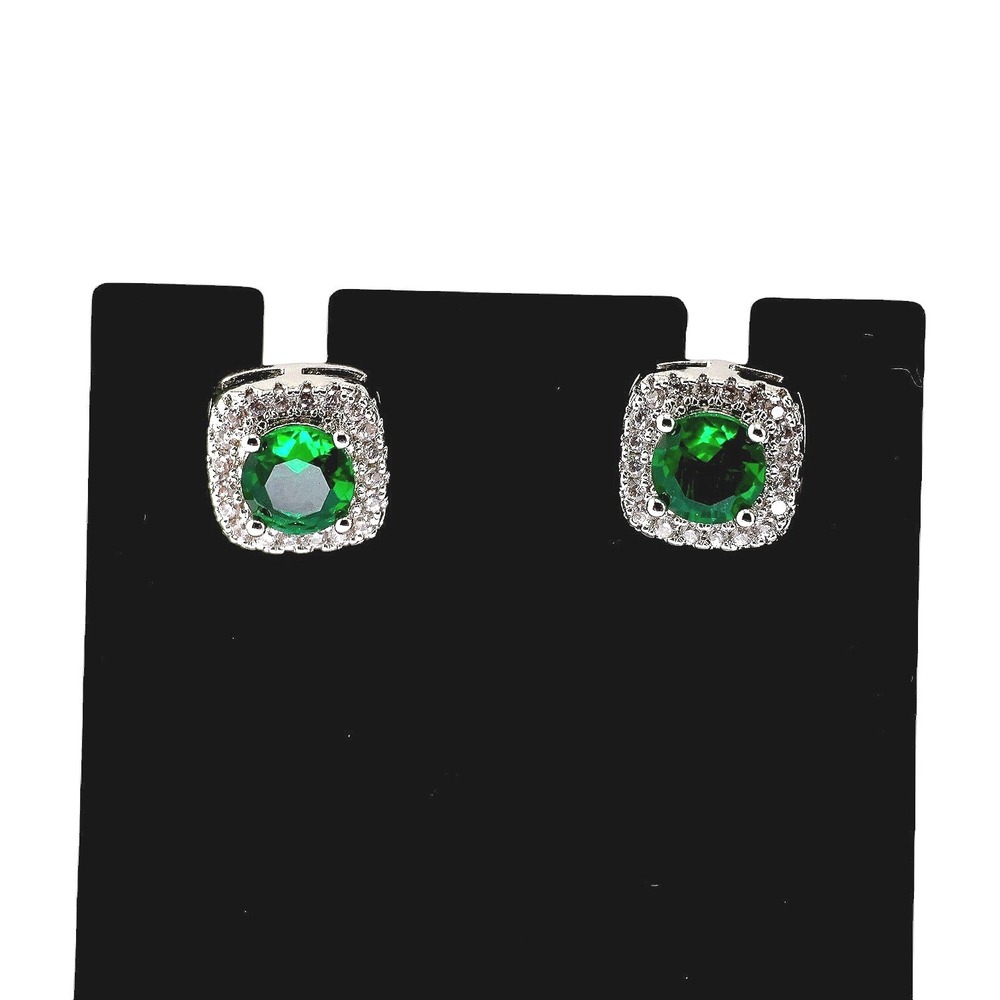 Swarovski Elements Green Crystal Cushion Pavé Halo Stud Earrings Silver Tone New